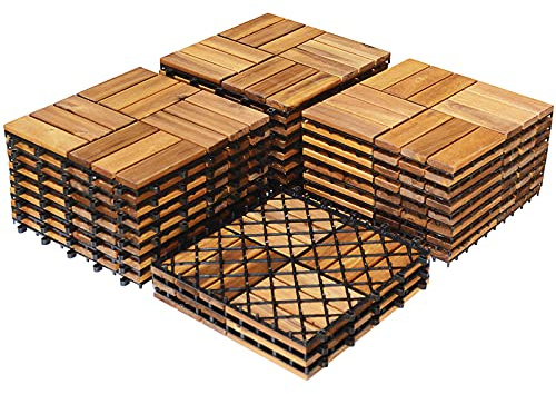 COSTWAY 10er Set 30x30cm Terrassenfliesen Holz, Bodenfliesen Akazienholz, Holzfliesen Bodenbelag, Klickfliesen Braun