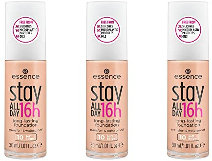 essence stay ALL DAY 16h long-lasting Foundation, Make Up, wischfest, wasserfest, Nr. 10 Soft Beige, nude, langanhaltend, mattierend, matt, vegan, ölfrei, wasserfest, 3er Pack (3 x 30ml)