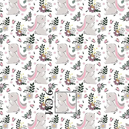 11,99€/m Hase 100% Baumwolle Baumwollstoff Kinder Meterware Handwerken Nähen Stoff (Hase Schmetterling Blume Weiß, 100x160 cm)