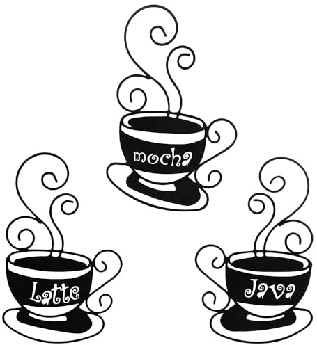 3 Stück Kaffee Deko Wand,Metall Kaffee Tassens Wanddekor mit Elegant Schriftzug Mocha Latte Java,Kaffee Schild Skulpturen für Küche Safttee Bar Kaffeeecke Esszimmer Café Dekoration,Schwarz, 14 x 22cm