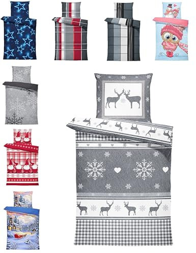 one-home Winter Bettwäsche Thermo Fleece Kuschelig Warme Bettbezüge Flauschig Warm Weich, Größe:4 teilig 135x200 cm, Farbe:Rentiere anthrazit