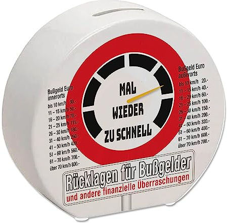 Zu schnell gefahren Bußgeld Spardose in weiß mit Straßenschild Motiv um für einen Strafzettel zu sparen für den Führerschein mit Bußgeldkatalog für Autofahrer