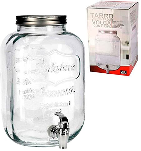 Tradineur - Tarro dispensador con grifo - Fabricado en Cristal Transparente - Capacidad de 5 Litros - Recipiente para servir agua, bebidas frías, refrescos - 27 x 16,5 cm
