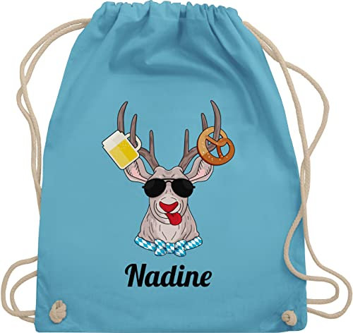Turnbeutel Rucksack - Kompatibel - Oktoberfest Hirsch mit Brezl und Bier - Unisize - Hellblau - oktoberfest-tasche trachten turnbuetel trachtenrucksack bayrisch ruckack trachtenrucksäcke bayrisches