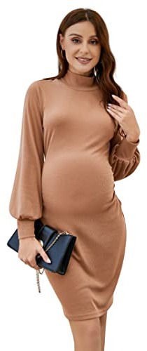 KOJOOIN Premaman Donna Abito Gravidanza Abito Premaman a Maniche Lunghe Donna Abito Premaman a Collo Alto Marrone Chiaro M