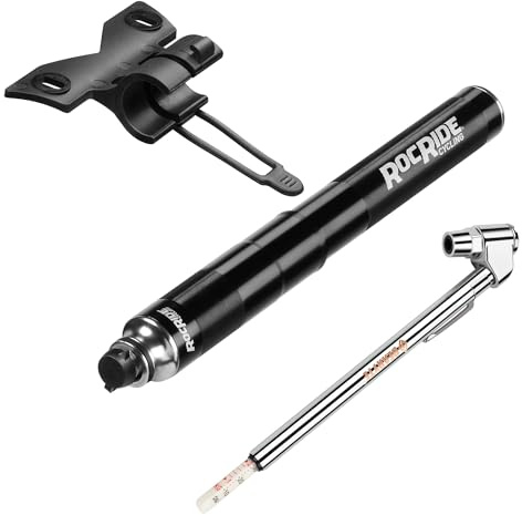 RocRide Mini Bike Tire Pump with Pencil Tire Pressure Gauge Inflates to 120 PSI and Works with Schrader and Presta Valves. Portable Hand Air Pump Includes Bicycle Frame Mount.