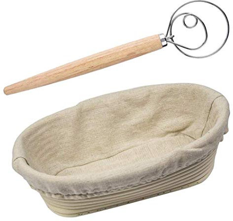 Obahdirry Cesta ovalada a prueba de fugas, bolsa de pan, pan, pan, cuenco protector de ratán con mezclador de masa danés de 13 pulgadas