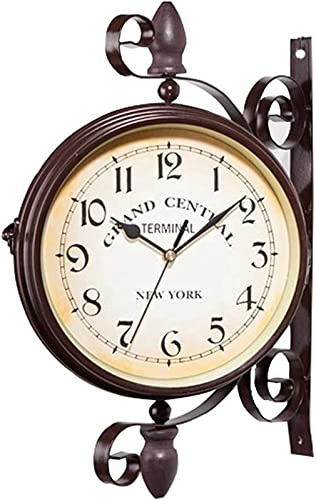 Antik Retro Bahnhofsuhr Doppelseitige Uhr im europäischen Stil, im Freien Vintage zwei Gesichter Wandhängeuhr, Metallhänge doppelseitiger Uhr, for Terrasse, Garage, Außenbereich Antique Look Bahnhofsu
