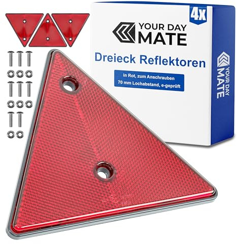 Your Day Mate Triángulos reflectores para remolque, paquete de 4, en rojo, con juego de tornillos, longitudes laterales de 15 cm, distancia entre agujeros de 70 mm, con marca E, reflector trasero