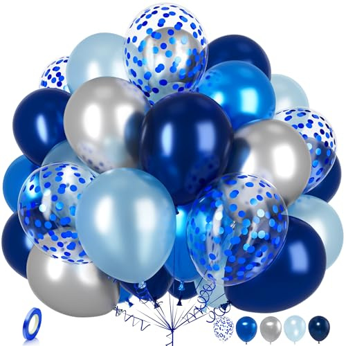 Ousuga Globo Azul Plata, 30 Piezas 12 Pulgadas Globos Plata Azul Marino Metálico Confeti Látex Globos con Cinta para Niños Hombres Cumpleaños Fiesta Boda Baby Shower Graduación Aniversario Decoración