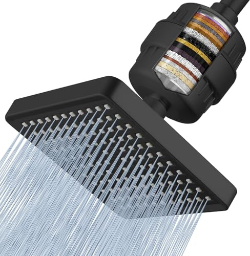 Voolan Filtered Shower Head - 20 Stage Luxury Rain Shower Filter for Hard Water for Remove Chlorine and Harmful Substances - 6 Square High Pressure Rainfall Showerhead (Matte Black)