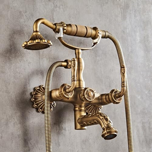 BiaoTeng Wannenarmatur mit Handbrause Wandmontage Heiß und Kalt Doppelgriff 360° Drehbar Messing Bad Armatur Badewanne Badarmatur Badewanne mit Brause Antique