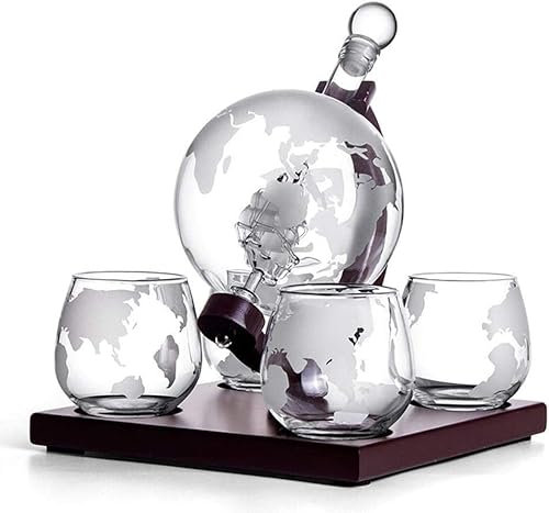 Glaskaraffen für Zuhause und Kneipe, Dekanter-Set für Whisky und Whisky mit geätztem Globus-Motiv – Wodka-Globus-Karaffe – 1000 ml handgefertigter Glas-Globus-Dekanter in Form eine