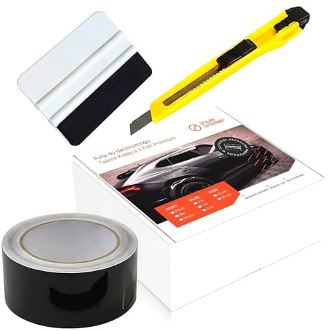 Solar Systems Selbstklebende Autofolie - Entchromung Klebeband + Rakel und Messer - Auto Tuning - Auto Folie Schwarz Glanz 5cm x 9 m