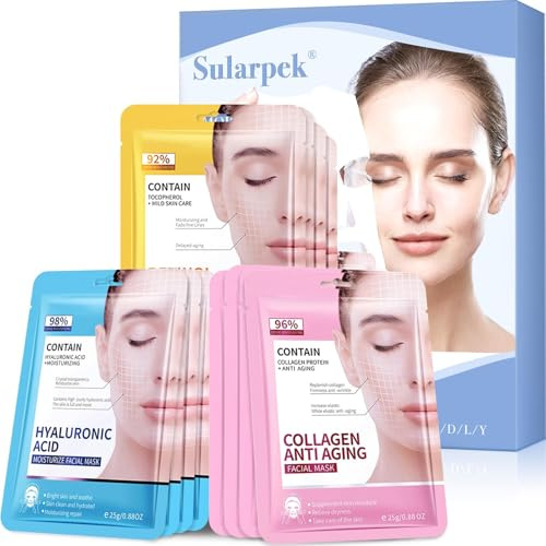 Sularpek 12 Pcs Face Masks, Hyaluronic Acid, Collagen, Retinol Facial Masks Skincare, Hydrating & Nourishing Face Beauty Care Masks