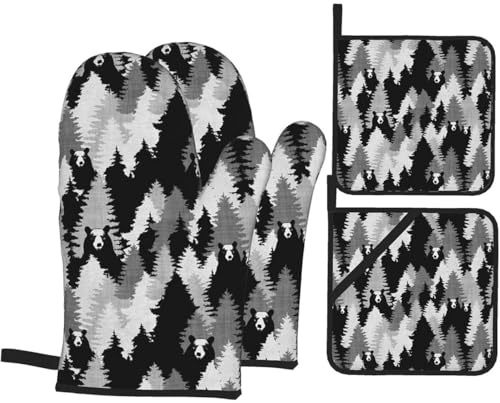 4 Stück Ofenhandschuhe Set Bär Camo Schwarz Weiß Grillhandschuhe Wasserfeste Topfhandschuhe Mit Innere Baumwollschicht Kochhandschuhe, Für Küche, Backen, Grillen