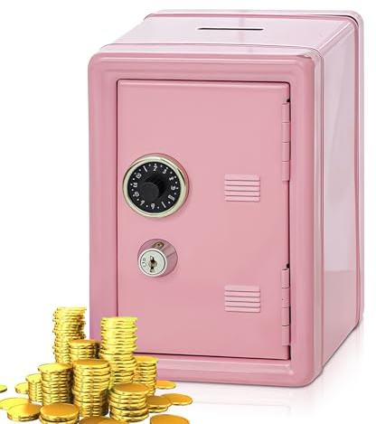Spardose Tresor, Sparschwein mit Geldeinwurfschlitz, Mini Safe Tresor, Metall Piggy Bank, Spardosen mit 2 Schlüssel, Geldsparbox, H: 18cm L: 12cm B: 9,5cm, Sparkasse für Geldbox, Sparen (Pink)