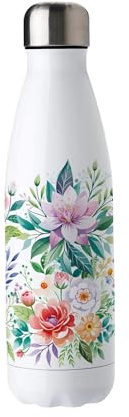 Purely Home Floral Bouquet Stainless Steel Water Bottle - Colourful Flowers Double Walled 500ml Metal Hot/Cold Drinks Bottle Outdoor Gifts