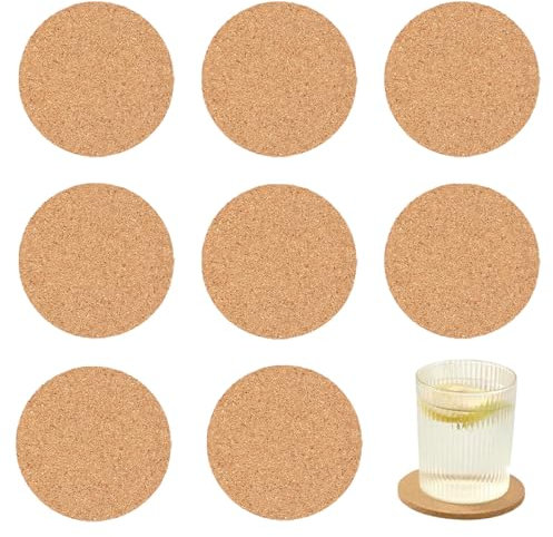 JIADEXIN 8 Stück Korkuntersetzer Rund 10 cm - Glas Untersetzer Kork Runde Holz Untersetzer-Set 3 mm Dick Korkplatte für Raclette, Tee, Kaffee, Cocktail Bar Zubehör Hitzebestaendig Wiederverwendbar