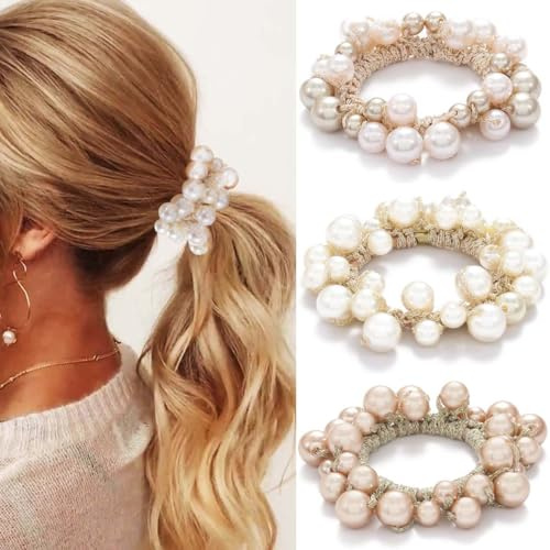 Reaky Perlen-Haargummi, elastische Pferdeschwanz-Halter, Champagnerperlen, Haargummis, dehnbar, Haarschmuck für Frauen, 3 Stück