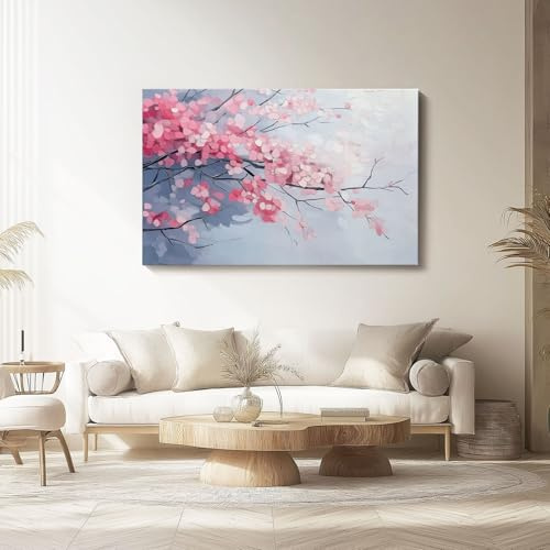 Impresión en lienzo sin marco Cuadro Al Óleo Pintado A Mano Flores De Cerezo 150 x 50 cm Decoración de pared Arte decorativo Pintura mural Sala de estar Dormitorio Oficina, Rosa Gris