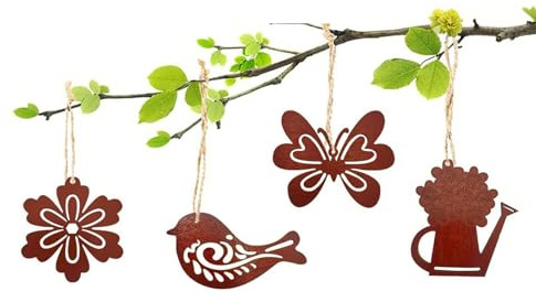 4pcs Rusty Bird Flower Kettle Garden Silhouette Courtyard Decoration Garden Ornaments, Unique Tree Decor Pendant Ornament For Living Space,Home Metal Wall Decor Silhouette Art