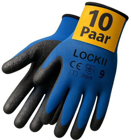 LOCKII Arbeitshandschuhe 10 Paar – Größen 8-11 (M-XXL) – Rutschfest & Atmungsaktiv – Robuste Schutzhandschuhe mit Latexbeschichtung für Bau, Garten, Werkstatt & Montage