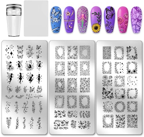 PH PandaHall 3 Stück Engel Fee Nagel Stamping Platte Blume Rand Nägel Kunst Schablonen Schmetterling Rose Pflanzen Maniküre Kunst Schablonen Moon Star Nagelbild Schablonen für Frauen Maniküre