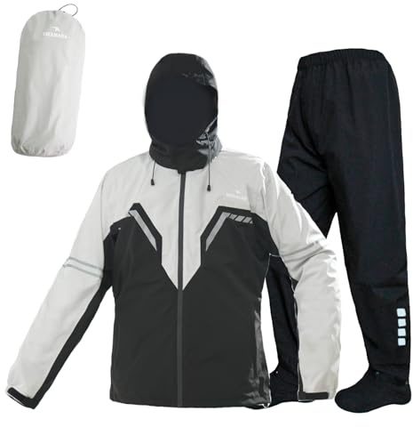 VIKAMAKA Waterproof Motorcycle Men's Rain Suit, Breathable Lightweight Hooded Reflective Rain Gear, Rain Jacket and Pants for Men（Grey&Black, Large）
