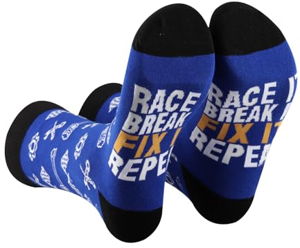 AATOP 2 pares de calcetines de carreras de coche, regalo de mecánico, regalo de coche, regalo de carreras, regalo de carrera, romper y arreglar, repetir, Arréglalo. 2 segundos, Altoa única
