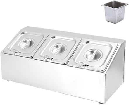 Pizza Topping Station - Inclined Stainless Steel Countertop Dispenser with Pans and Lids, Spice Rack for Seasoning, Sauce, Jam, Fruits and Ingredients Storage