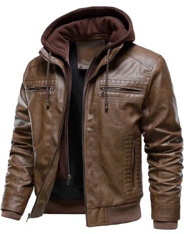 HOOD CREW - Chaqueta de cuero PU para hombre con capucha desmontable - Resistente al viento, cálida y multifuncional, impermeable, múltiples bolsillos, marrón, 3XL