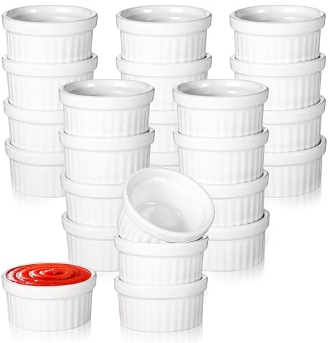 24 Pcs 1 oz Mini Ramekins Small White Ceramic Porcelain Souffle Dish Custard Sauce Dipping Dessert Cups Oven Safe Bowls for Charcuterie Pudding Creme Brulee Condiment Baking Bakeware