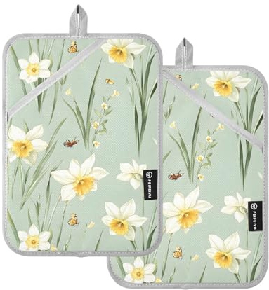Pot Holder for Kitchen Heat Resistant Cute Daffodils Sage Green Potholders for Kitchens with Pocket Hot Pan Holders for Kitchen Oven Pads 2 Pack