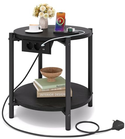 IRONCK Beistelltisch rund, Couchtisch mit Steckdose, Kleiner Tisch Holz, Wohnzimmertisch 2 Ablagen,Sofatisch,USB & Type-C-Anschluss, Metallrahmen, Nachttisch für Schlafzimmer (Schwarz, 1 Stück)