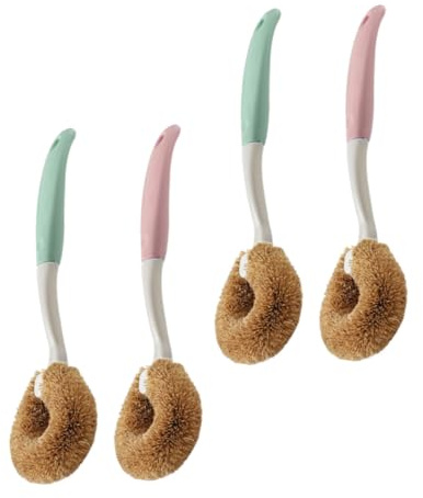 VICASKY 4pcs Pot Brush Dish-Washing Household Cleaning Tools Natural Coconut Bristles Long Handle for Kitchen Sink Scrubbing Pots and Pans Cleaning