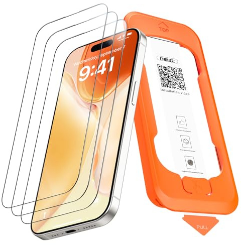 NEW'C 3 Pack, Full Täckning skärmskydd i glas för iPhone 15 Pro 6,1 tum [Automatisk Installation], härdat glasfilm med svart kant - Ultrabeständig