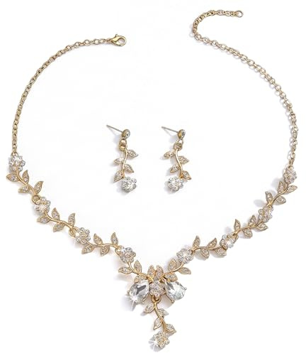 LAOYEFACAI Collar y Pendientes de Flor para Mujer - Conjunto de Joyas de Cristal para Boda, Novia, Piedras de Strass Brillantes, Conjunto de Joyas de 2 Piezas (Gold)