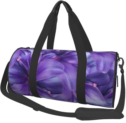 Sac de voyage rond en toile avec imprimé fleurs de lys violettes, imperméable et résistant aux déchirures. Sac de voyage pliable pour le week-end