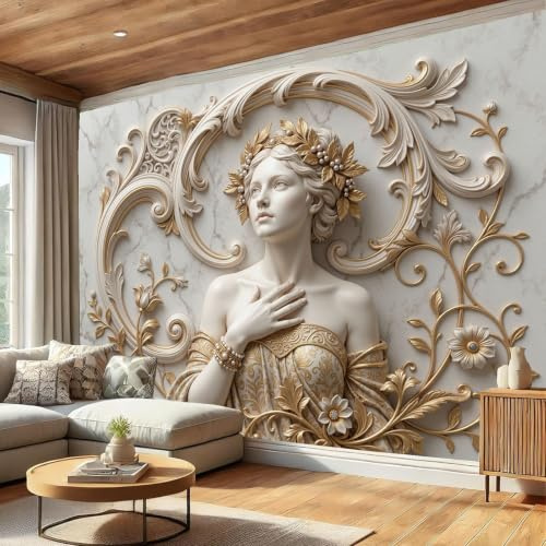 Carta Da Parati Fotomurale Xxl Rilievo In Marmo Della Dea 250X175Cm, Poster Murale Fotografica 3D In Tessuto Non Tessuto Texture Botanica Di Lusso Di Grande Per Tv Corridoio Soggiorno, Beige Bianco