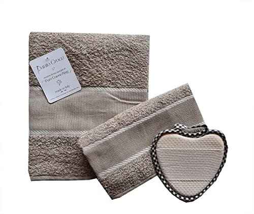 Set SPUGNE Bagno Viso + Ospite 100% Spugna con Inserto in Tela Aida per RICAMARE Colore Fango + 1 Presina da Cucina in Omaggio Produzione Italiana