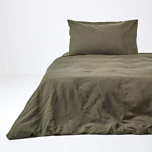 HOMESCAPES Set copripiumino di in morbido lino tinta unita verde scuro testurizzato biancheria da letto in fibra di lino francese naturale e misto cotone kaki verde copripiumino con federe singolo