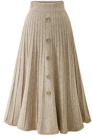Youhan Women's High Waist A-Line Pleated Knitted Skirt (Large, Khaki)