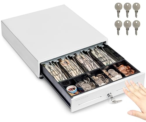 Volcora 13 Manual Push Open Cash Register Drawer for Point of Sale (POS) System, White Heavy Duty Till with 4 Bills and 5 Coin Slots, Key Lock with Removable Coin Tray and Double Media Slots