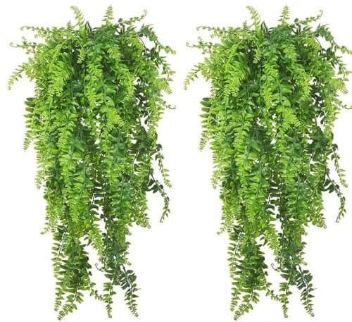 PINVNBY Reptile Plants Hanging Fake Vines Boston Climbing Terrarium Plant with Suction Cup for Bearded Dragons Lizards Crested Gecko Snake Hermit Crab and Tank Habitat Decorations (2 Pack)