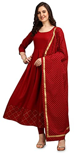 EthnicJunction Women's Crepe Fabric Print Anarkali Kurta with Dupatta, maroon, L