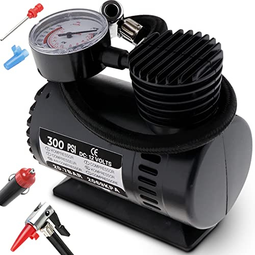 Retoo 12V luftkompressor med 3-ventilsadapter, luftkompressor för cykel, bil, boll, motorcykel, luftkuddar och luftmadrasser, billuftpump, minikompressor, däckpump, däckpump (300 PSI)