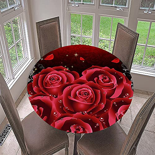 FANSU Runde Tischdecke Abwaschbar 3D Drucken Elastische Gartentischdecke Rundtischdecke wasserdichte rutschfeste Abwischbar für Outdoor Home Küche Dekoration (rote Blütenblätter,Durchmesser 180cm)