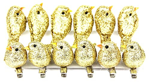 12 Stück künstliche Vögel Clip auf Baumschmuck Glitter Weihnachten Ornamente Mini niedliche Vögel Ornamente für Weihnachtsbaum, Geschenk-Verpackung, Gartendekoration (Golden)