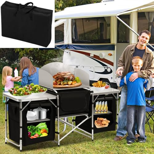 Ansobea Campingkök utomhus vikbar, aluminium campingskåp, camping kök med vindskydd, campingmöbler resekök inkl. förvaringsväska, köksskåp campingbord